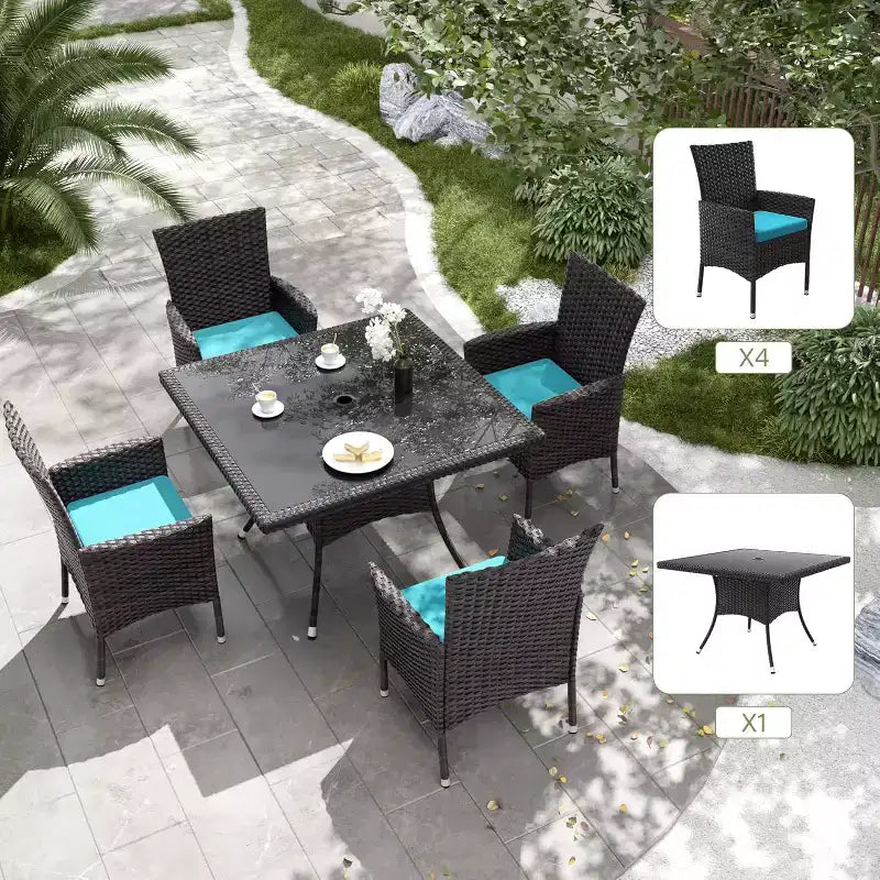 ALAULM Set di Mobili da Giardino per Esterni, Set Tavolo e Sedie da Pranzo in Rattan Intrecciato per Patio, Tavolo Quadrato con Piano in Vetro Temperato e Set Ombrellone