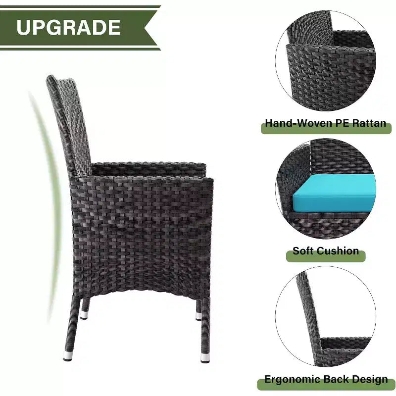 ALAULM Set di Mobili da Giardino per Esterni, Set Tavolo e Sedie da Pranzo in Rattan Intrecciato per Patio, Tavolo Quadrato con Piano in Vetro Temperato e Set Ombrellone