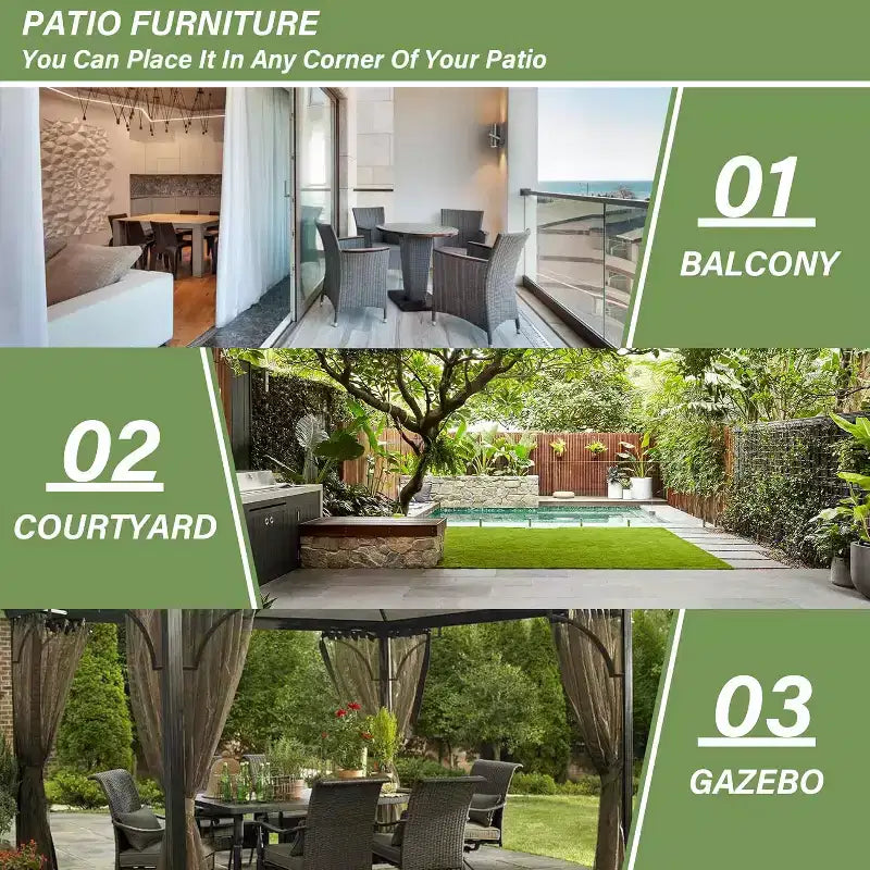 ALAULM Set di Mobili da Giardino per Esterni, Set Tavolo e Sedie da Pranzo in Rattan Intrecciato per Patio, Tavolo Quadrato con Piano in Vetro Temperato e Set Ombrellone