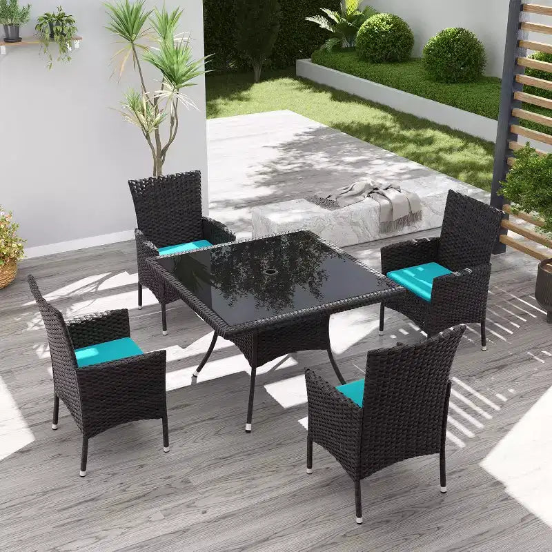 ALAULM Patio Furniture Outdoor Dining Set, Wicker Rattan Patio Dining Table and Chairs Set, Square Tempered Glass Tabletop with Umbrella Set