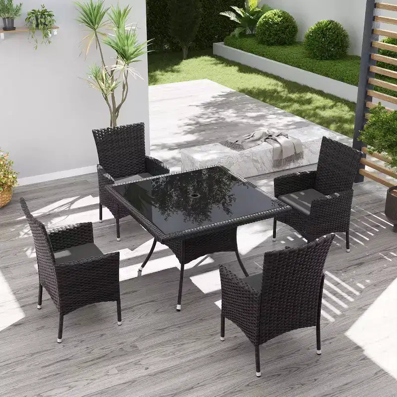 ALAULM Ensemble de mobilier de patio pour l'extérieur, ensemble de table et chaises de salle à manger de patio en rotin en osier, table carrée en verre trempé avec ensemble parapluie