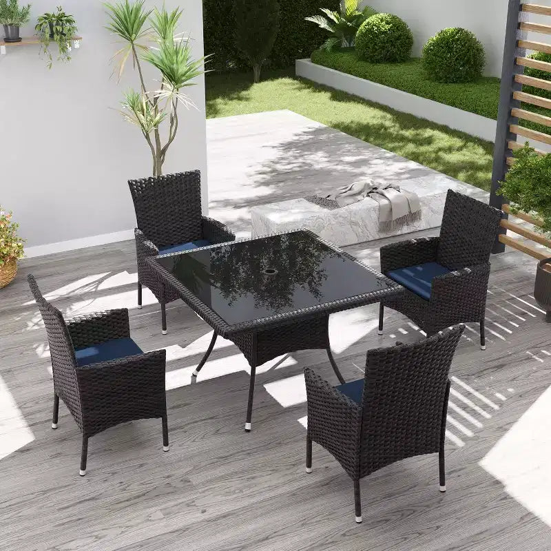 ALAULM Ensemble de mobilier de patio pour l'extérieur, ensemble de table et chaises de salle à manger de patio en rotin en osier, table carrée en verre trempé avec ensemble parapluie