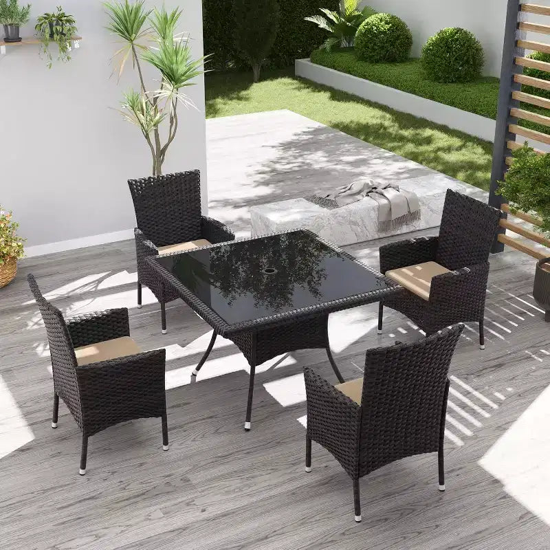 ALAULM Ensemble de mobilier de patio pour l'extérieur, ensemble de table et chaises de salle à manger de patio en rotin en osier, table carrée en verre trempé avec ensemble parapluie