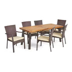 Christopher Knight Home Goleta Set da pranzo da 7 pezzi in legno di acacia e vimini da esterno con cuscini, Naturale, Marrone e Crema