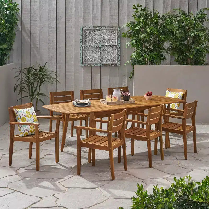 Christopher Knight Home Stamford Outdoor Acacia Wood 9 Piece Expandable Dining Set