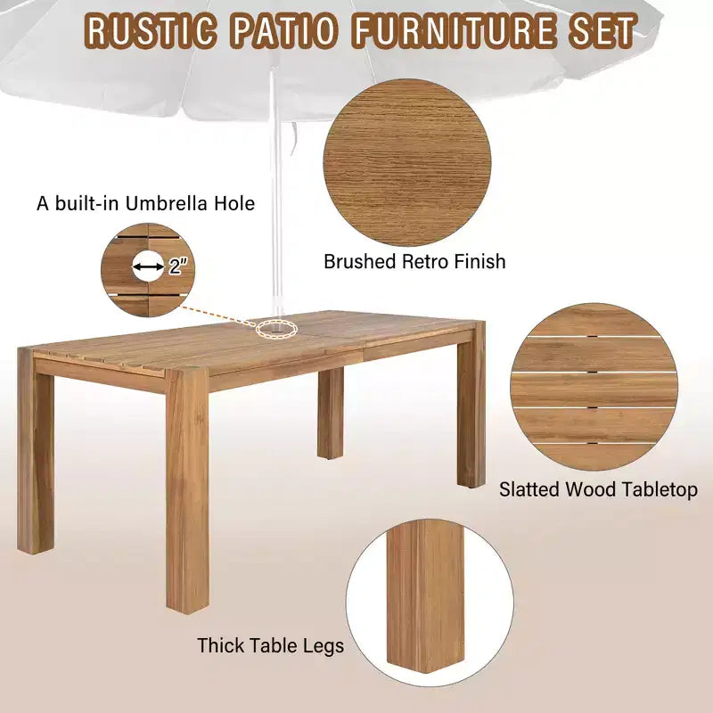 Whisen - Set da pranzo da esterno a 7 pezzi in legno di acacia - Posti a sedere per 6 persone con cuscini rimovibili, set di mobili da esterno con foro per ombrellone