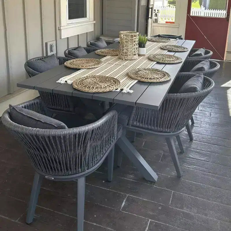 PURPLE LEAF Set da Pranzo per Esterni con Tavolo in Alluminio e Sedie in Corda Intrecciata con Cuscini Inclusi per Arredo Giardino Cucina