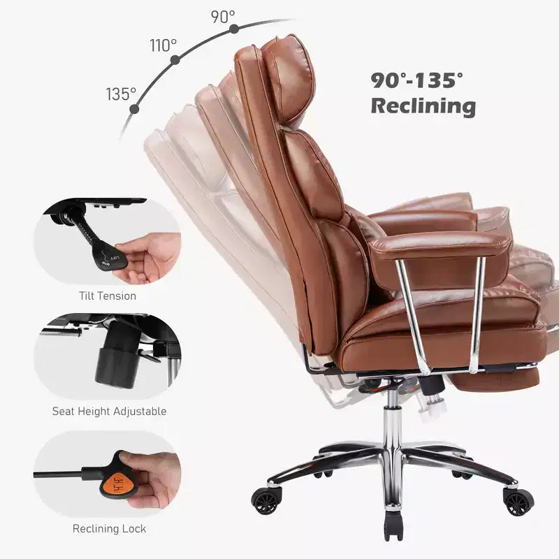 Sedia da Ufficio Ergonomica con Poggiapiedi - Sedia Direzionale Certificata BIFMA, Supporto Lombare Regolabile e Reclinabile a 135°, Sedia Girevole in Pelle PU