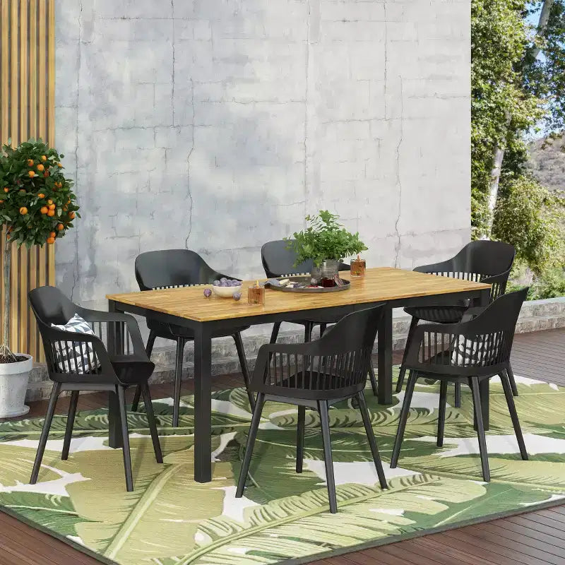 Christopher Knight Home Lorena Set da pranzo da 7 pezzi da esterno in legno di acacia e resina con tavolo da 71", nero e teak