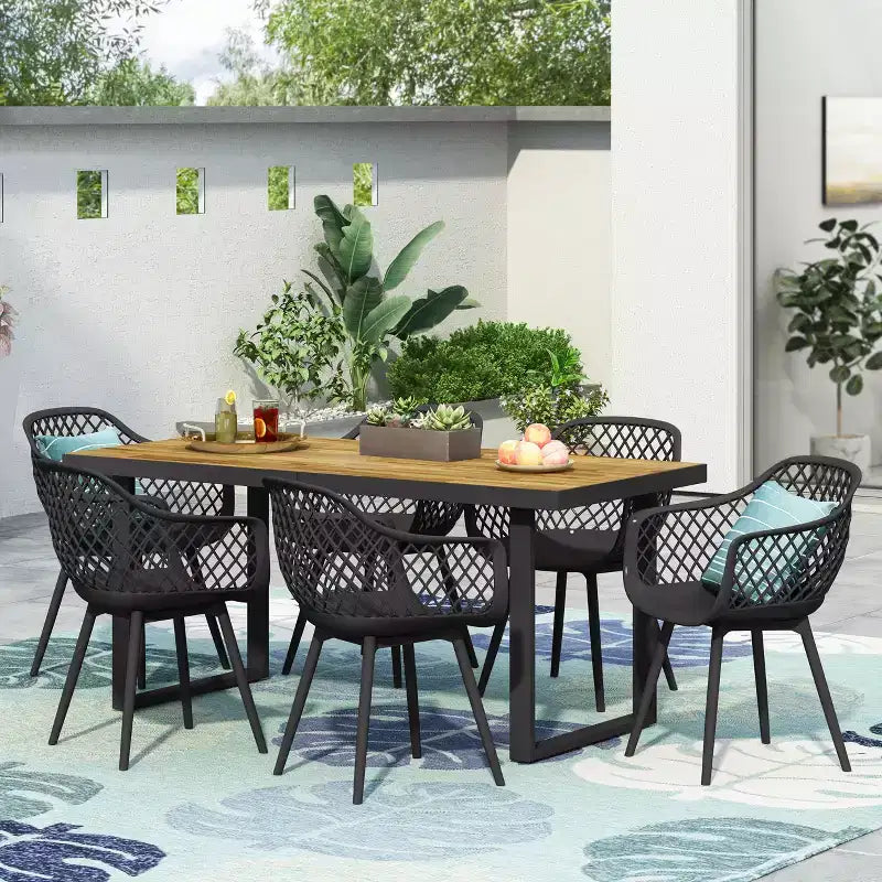 Christopher Knight Home Renata Set da Pranzo da Esterno a 7 Pezzi in Legno di Acacia e Resina con Tavolo da Pranzo da 70.25", Nero/Teak