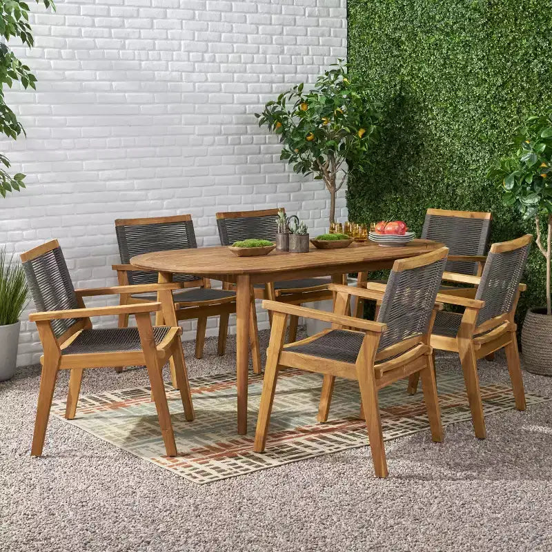 Christopher Knight Home Mcgill Set da Pranzo da Esterno 7 Pezzi in Corda e Legno di Acacia, Teak/Grigio Scuro