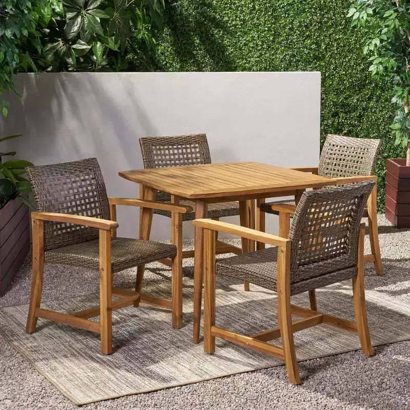 Christopher Knight Home Clausen Set da pranzo da esterno 5 pezzi in legno di acacia e vimini, teak/marrone misto