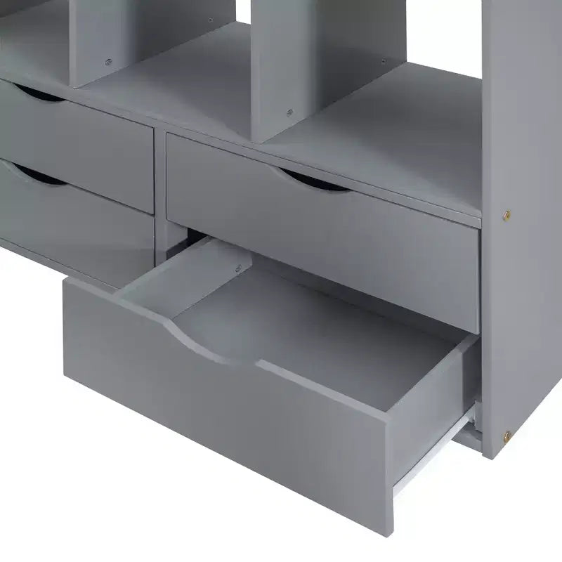 Letto a soppalco da una piazza e mezza/matrimoniale con scrivania e luci a LED, Struttura letto a soppalco in legno massello con mensole e scaletta