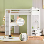 Letto a soppalco da una piazza e mezza/matrimoniale con scrivania e luci a LED, Struttura letto a soppalco in legno massello con mensole e scaletta