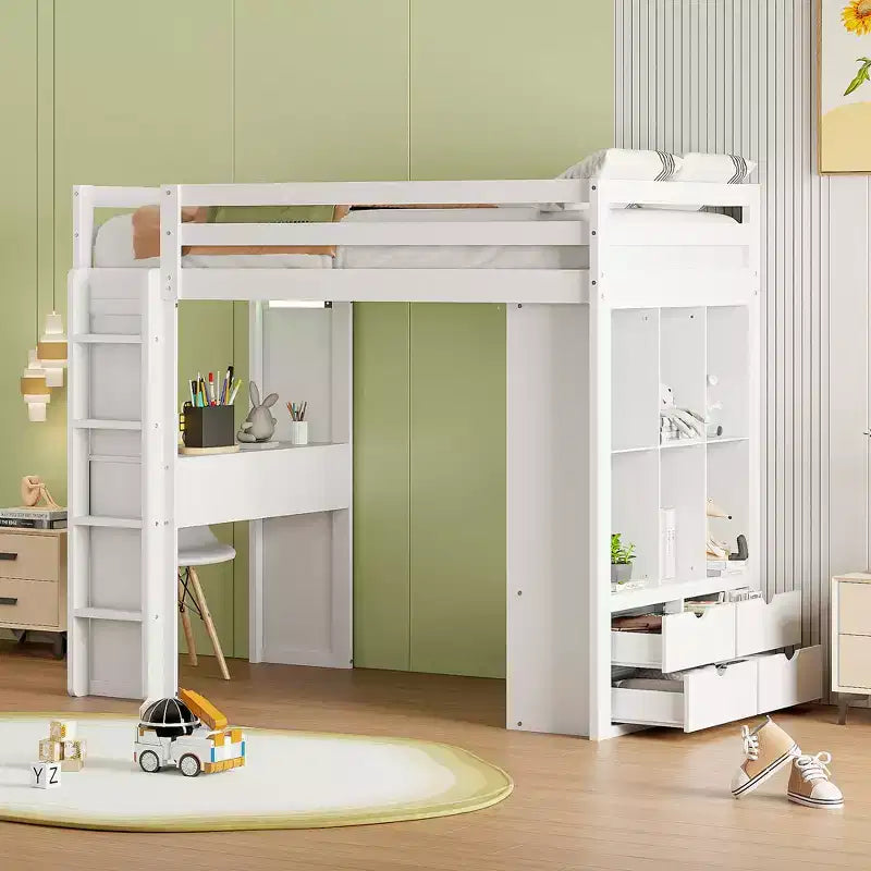 Letto a soppalco da una piazza e mezza/matrimoniale con scrivania e luci a LED, Struttura letto a soppalco in legno massello con mensole e scaletta
