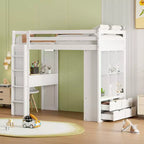 Letto a soppalco da una piazza e mezza/matrimoniale con scrivania e luci a LED, Struttura letto a soppalco in legno massello con mensole e scaletta