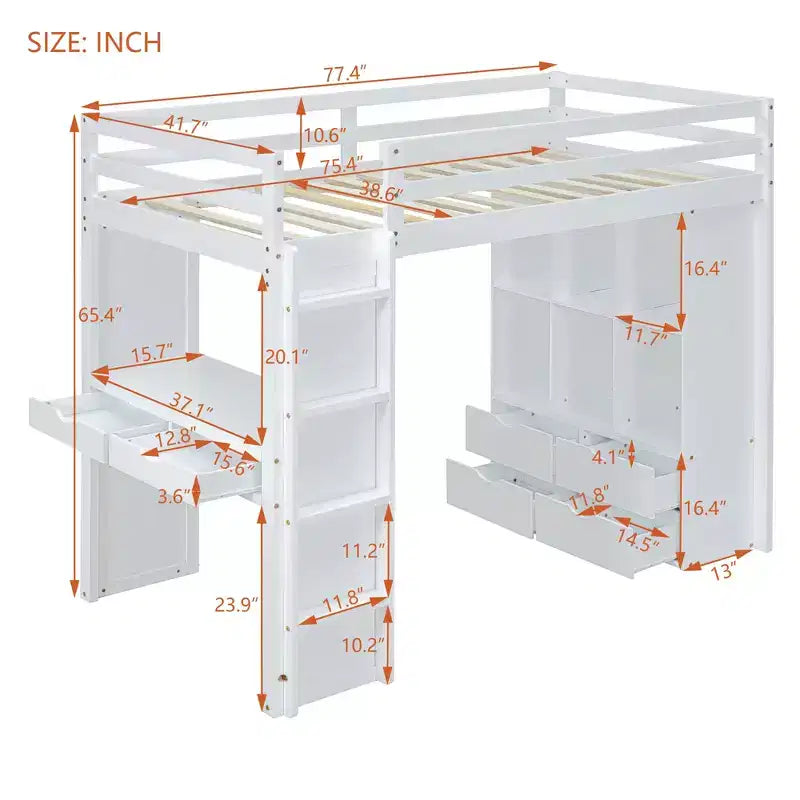 Letto a soppalco da una piazza e mezza/matrimoniale con scrivania e luci a LED, Struttura letto a soppalco in legno massello con mensole e scaletta