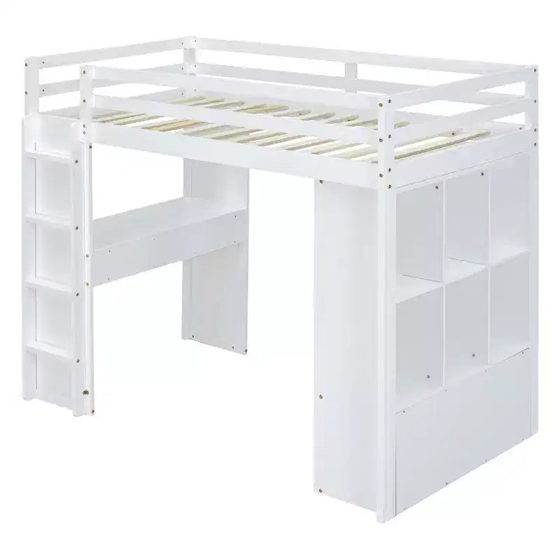 Letto a soppalco da una piazza e mezza/matrimoniale con scrivania e luci a LED, Struttura letto a soppalco in legno massello con mensole e scaletta