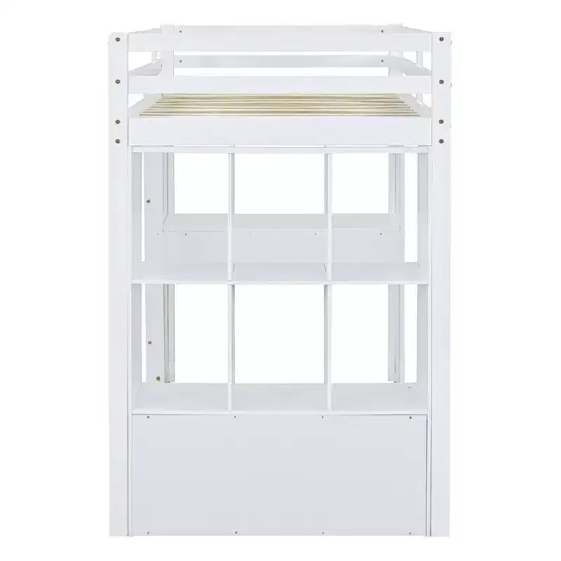 Letto a soppalco da una piazza e mezza/matrimoniale con scrivania e luci a LED, Struttura letto a soppalco in legno massello con mensole e scaletta
