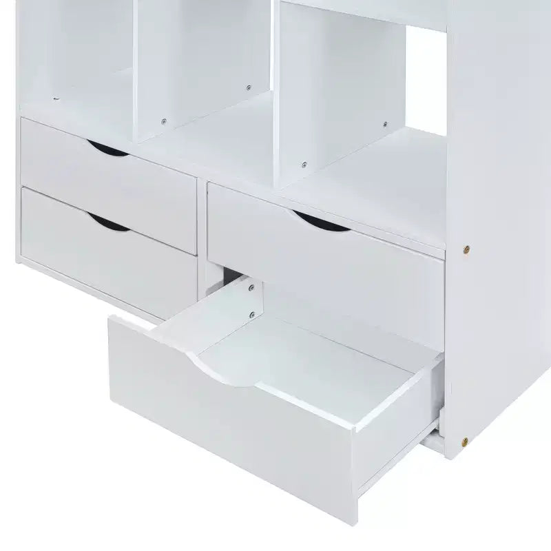 Letto a soppalco da una piazza e mezza/matrimoniale con scrivania e luci a LED, Struttura letto a soppalco in legno massello con mensole e scaletta