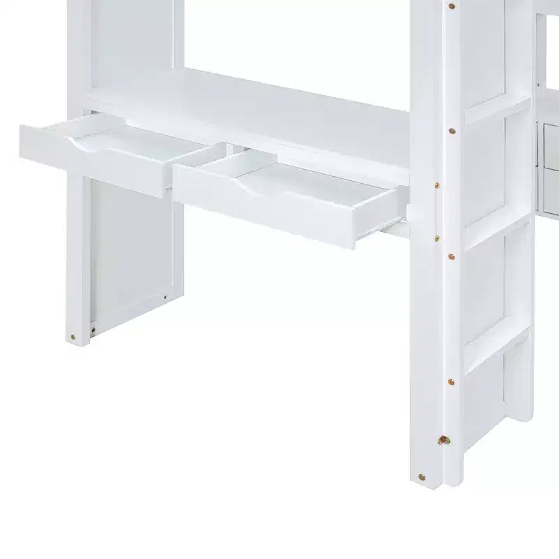 Letto a soppalco da una piazza e mezza/matrimoniale con scrivania e luci a LED, Struttura letto a soppalco in legno massello con mensole e scaletta