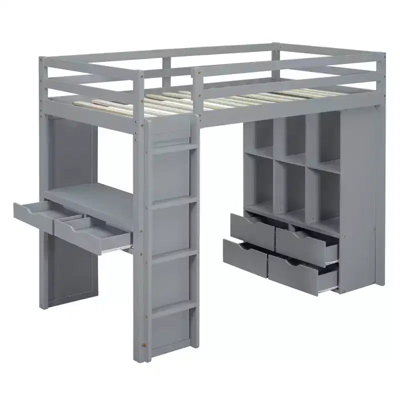 Letto a soppalco da una piazza e mezza/matrimoniale con scrivania e luci a LED, Struttura letto a soppalco in legno massello con mensole e scaletta