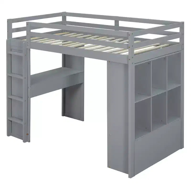 Letto a soppalco da una piazza e mezza/matrimoniale con scrivania e luci a LED, Struttura letto a soppalco in legno massello con mensole e scaletta