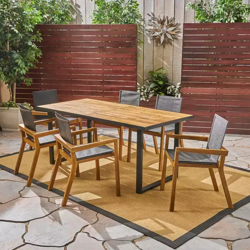 Christopher Knight Home Castano Set da Pranzo da Esterno 7 Pezzi in Rete e Legno di Acacia, Teak/Nero
