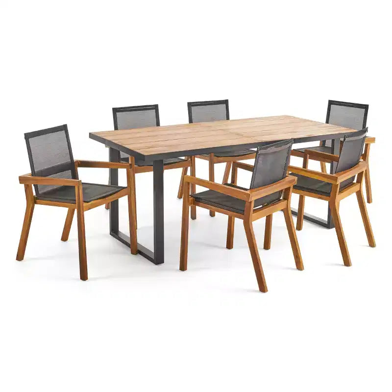 Christopher Knight Home Castano Set da Pranzo da Esterno 7 Pezzi in Rete e Legno di Acacia, Teak/Nero
