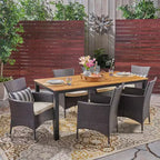 Christopher Knight Home Dane Outdoor Wicker and Acacia Wood 7 Piece Dining Set with Cushion, Teak/Multibrown