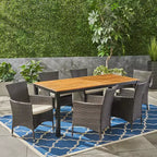 Christopher Knight Home Dane set da pranzo da 7 pezzi da esterno in vimini e legno di acacia con cuscini, Teak/Marrone Multicolore