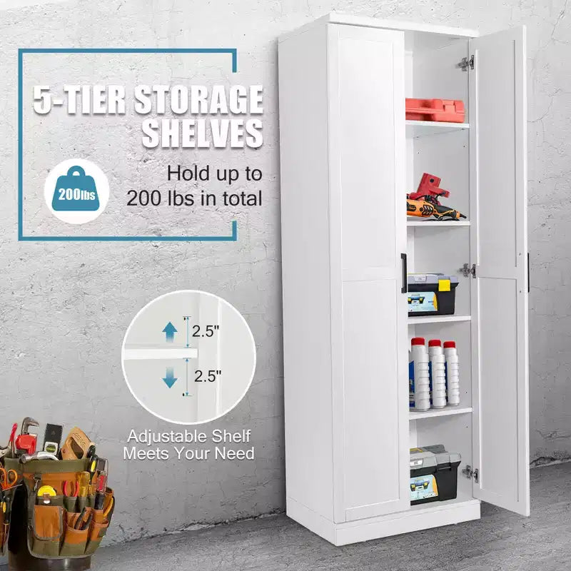 Mobiletto da dispensa indipendente da 70'' con 2 ante e 5 ripiani, colore bianco