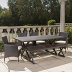 Ensemble de salle à manger d'extérieur 6 pièces Christopher Knight Home Absher en osier et aluminium avec banc