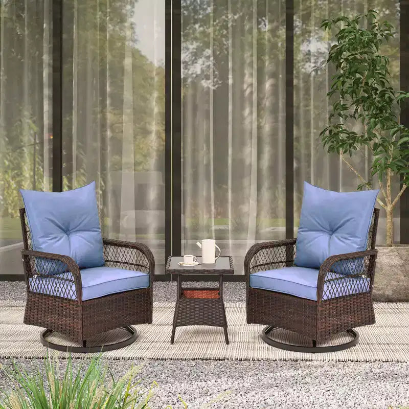 EROMMY Ensemble de 3 Fauteuils Relaxants Pivotants en Rotin pour Patio, Chaises à Bascule Pivotantes d'Extérieur avec 1 Table Basse en Rotin, Fauteuils de Patio Pivotants à 360 Degrés pour Pelouse