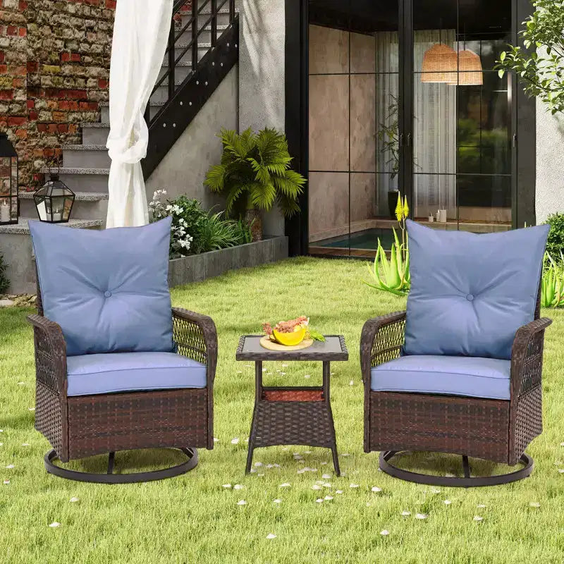 EROMMY Ensemble de 3 Fauteuils Relaxants Pivotants en Rotin pour Patio, Chaises à Bascule Pivotantes d'Extérieur avec 1 Table Basse en Rotin, Fauteuils de Patio Pivotants à 360 Degrés pour Pelouse