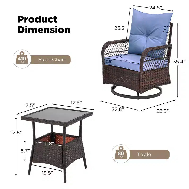 EROMMY Ensemble de 3 Fauteuils Relaxants Pivotants en Rotin pour Patio, Chaises à Bascule Pivotantes d'Extérieur avec 1 Table Basse en Rotin, Fauteuils de Patio Pivotants à 360 Degrés pour Pelouse
