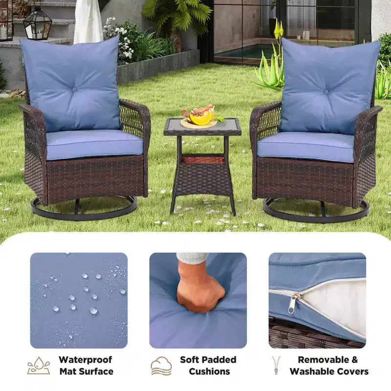 EROMMY Ensemble de 3 Fauteuils Relaxants Pivotants en Rotin pour Patio, Chaises à Bascule Pivotantes d'Extérieur avec 1 Table Basse en Rotin, Fauteuils de Patio Pivotants à 360 Degrés pour Pelouse