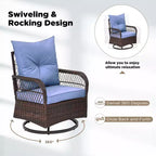 EROMMY Ensemble de 3 Fauteuils Relaxants Pivotants en Rotin pour Patio, Chaises à Bascule Pivotantes d'Extérieur avec 1 Table Basse en Rotin, Fauteuils de Patio Pivotants à 360 Degrés pour Pelouse