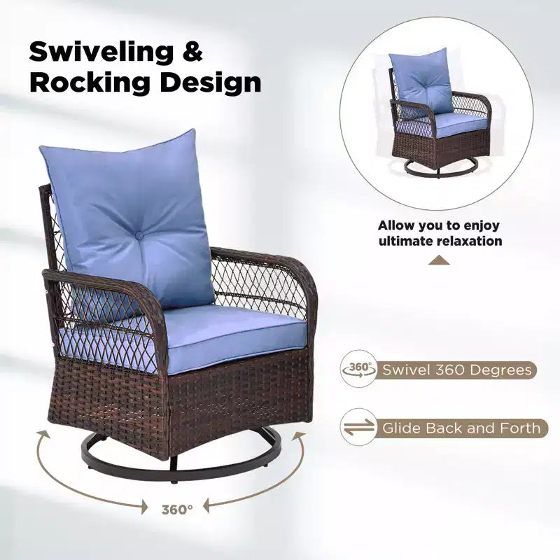 EROMMY Ensemble de 3 Fauteuils Relaxants Pivotants en Rotin pour Patio, Chaises à Bascule Pivotantes d'Extérieur avec 1 Table Basse en Rotin, Fauteuils de Patio Pivotants à 360 Degrés pour Pelouse