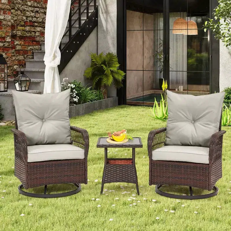EROMMY Ensemble de 3 Fauteuils Relaxants Pivotants en Rotin pour Patio, Chaises à Bascule Pivotantes d'Extérieur avec 1 Table Basse en Rotin, Fauteuils de Patio Pivotants à 360 Degrés pour Pelouse