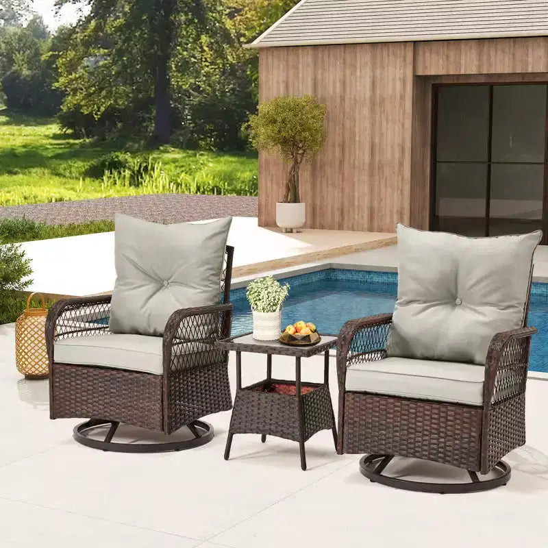 EROMMY Ensemble de 3 Fauteuils Relaxants Pivotants en Rotin pour Patio, Chaises à Bascule Pivotantes d'Extérieur avec 1 Table Basse en Rotin, Fauteuils de Patio Pivotants à 360 Degrés pour Pelouse