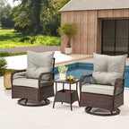 EROMMY Ensemble de 3 Fauteuils Relaxants Pivotants en Rotin pour Patio, Chaises à Bascule Pivotantes d'Extérieur avec 1 Table Basse en Rotin, Fauteuils de Patio Pivotants à 360 Degrés pour Pelouse