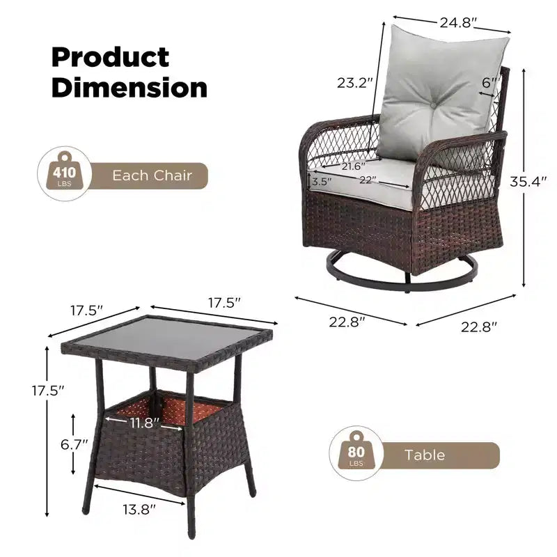 EROMMY Ensemble de 3 Fauteuils Relaxants Pivotants en Rotin pour Patio, Chaises à Bascule Pivotantes d'Extérieur avec 1 Table Basse en Rotin, Fauteuils de Patio Pivotants à 360 Degrés pour Pelouse