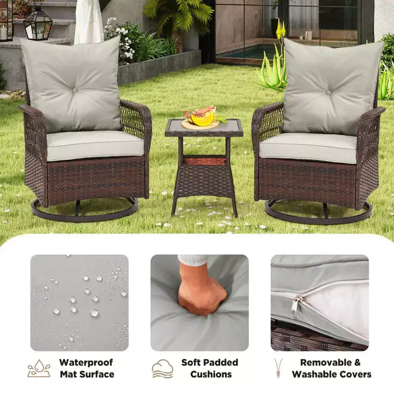 EROMMY Ensemble de 3 Fauteuils Relaxants Pivotants en Rotin pour Patio, Chaises à Bascule Pivotantes d'Extérieur avec 1 Table Basse en Rotin, Fauteuils de Patio Pivotants à 360 Degrés pour Pelouse
