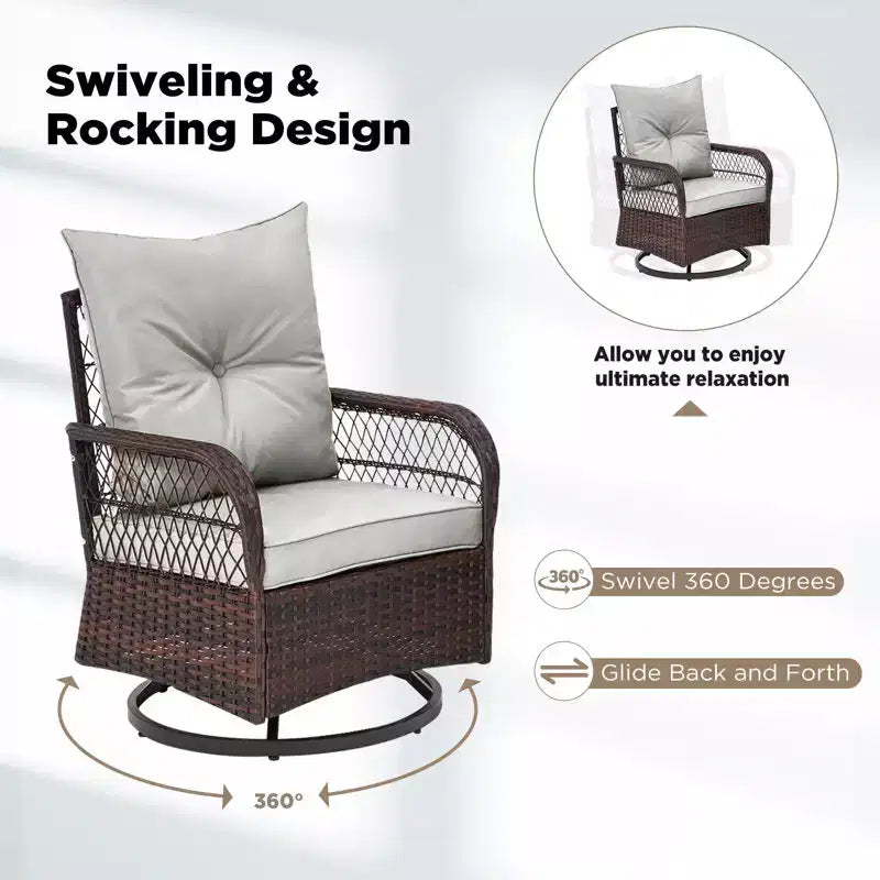 EROMMY Ensemble de 3 Fauteuils Relaxants Pivotants en Rotin pour Patio, Chaises à Bascule Pivotantes d'Extérieur avec 1 Table Basse en Rotin, Fauteuils de Patio Pivotants à 360 Degrés pour Pelouse