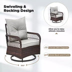 EROMMY Ensemble de 3 Fauteuils Relaxants Pivotants en Rotin pour Patio, Chaises à Bascule Pivotantes d'Extérieur avec 1 Table Basse en Rotin, Fauteuils de Patio Pivotants à 360 Degrés pour Pelouse