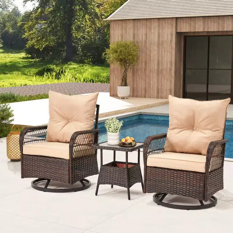 EROMMY Ensemble de 3 Fauteuils Relaxants Pivotants en Rotin pour Patio, Chaises à Bascule Pivotantes d'Extérieur avec 1 Table Basse en Rotin, Fauteuils de Patio Pivotants à 360 Degrés pour Pelouse