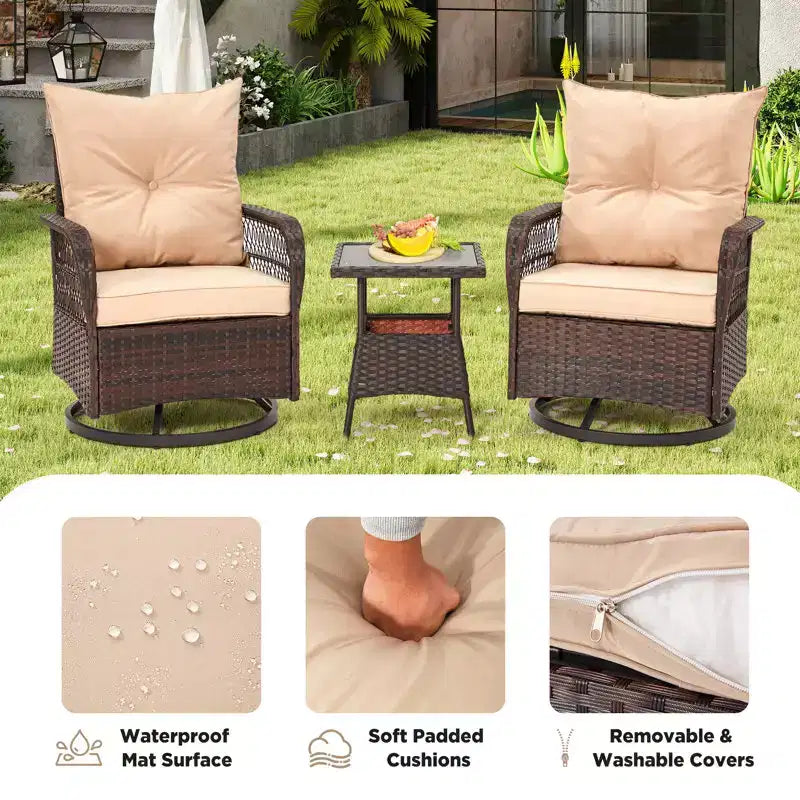 EROMMY Ensemble de 3 Fauteuils Relaxants Pivotants en Rotin pour Patio, Chaises à Bascule Pivotantes d'Extérieur avec 1 Table Basse en Rotin, Fauteuils de Patio Pivotants à 360 Degrés pour Pelouse