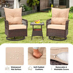 EROMMY Ensemble de 3 Fauteuils Relaxants Pivotants en Rotin pour Patio, Chaises à Bascule Pivotantes d'Extérieur avec 1 Table Basse en Rotin, Fauteuils de Patio Pivotants à 360 Degrés pour Pelouse