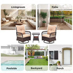 EROMMY Ensemble de 3 Fauteuils Relaxants Pivotants en Rotin pour Patio, Chaises à Bascule Pivotantes d'Extérieur avec 1 Table Basse en Rotin, Fauteuils de Patio Pivotants à 360 Degrés pour Pelouse